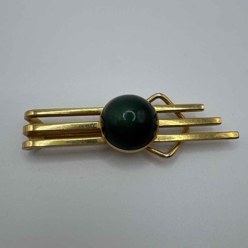 Vintage Swank Gold Tone Tie Clip Bar Green Malachite Look Stone Mid Century - Picture 2 of 5